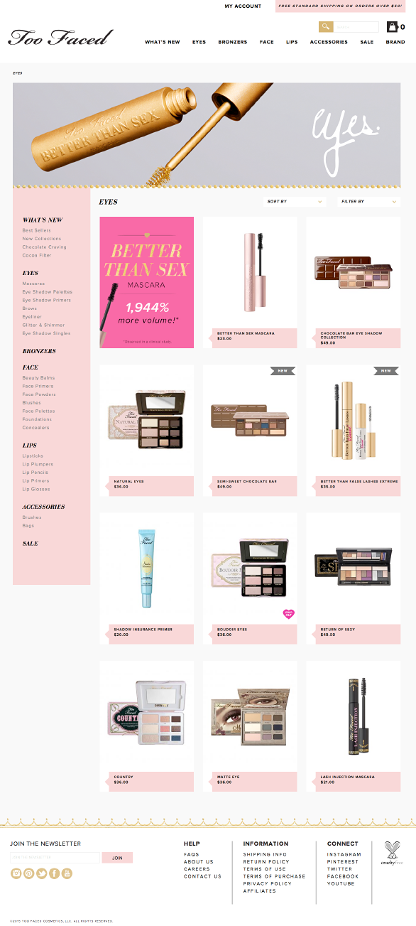 The Too Faced website using Side Commerce ecommerce saas